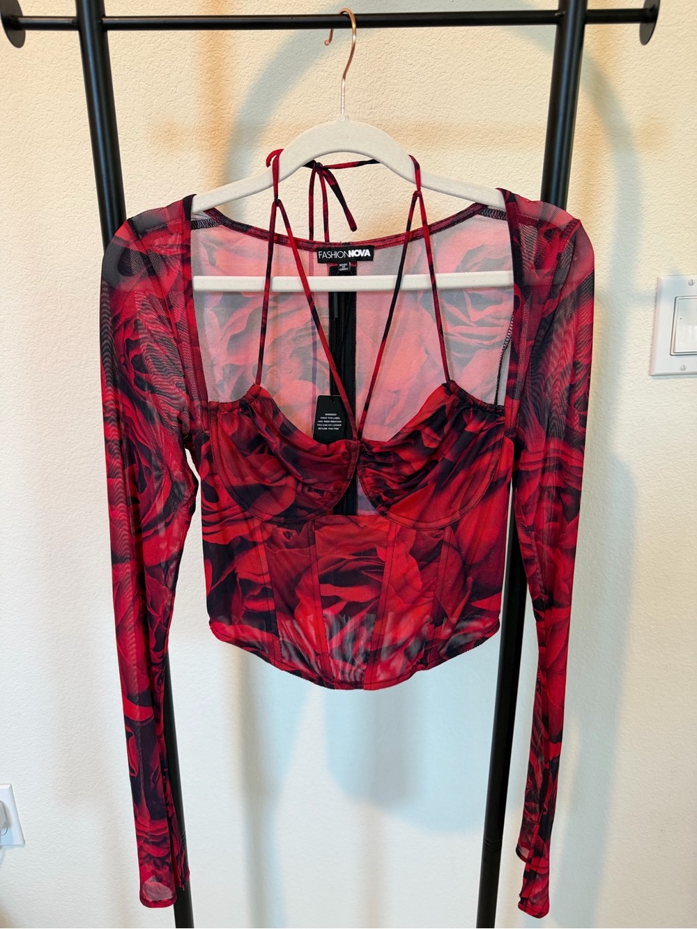 Fashion Nova Miranda Mesh Floral Corset Top Red/Black Size Small NWT